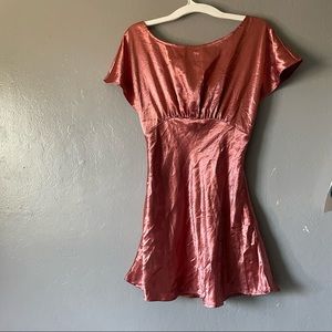 FREE PEOPLE Flutter Sleeve Open Back Dress Silky Shiny Pink Mini Party size 6